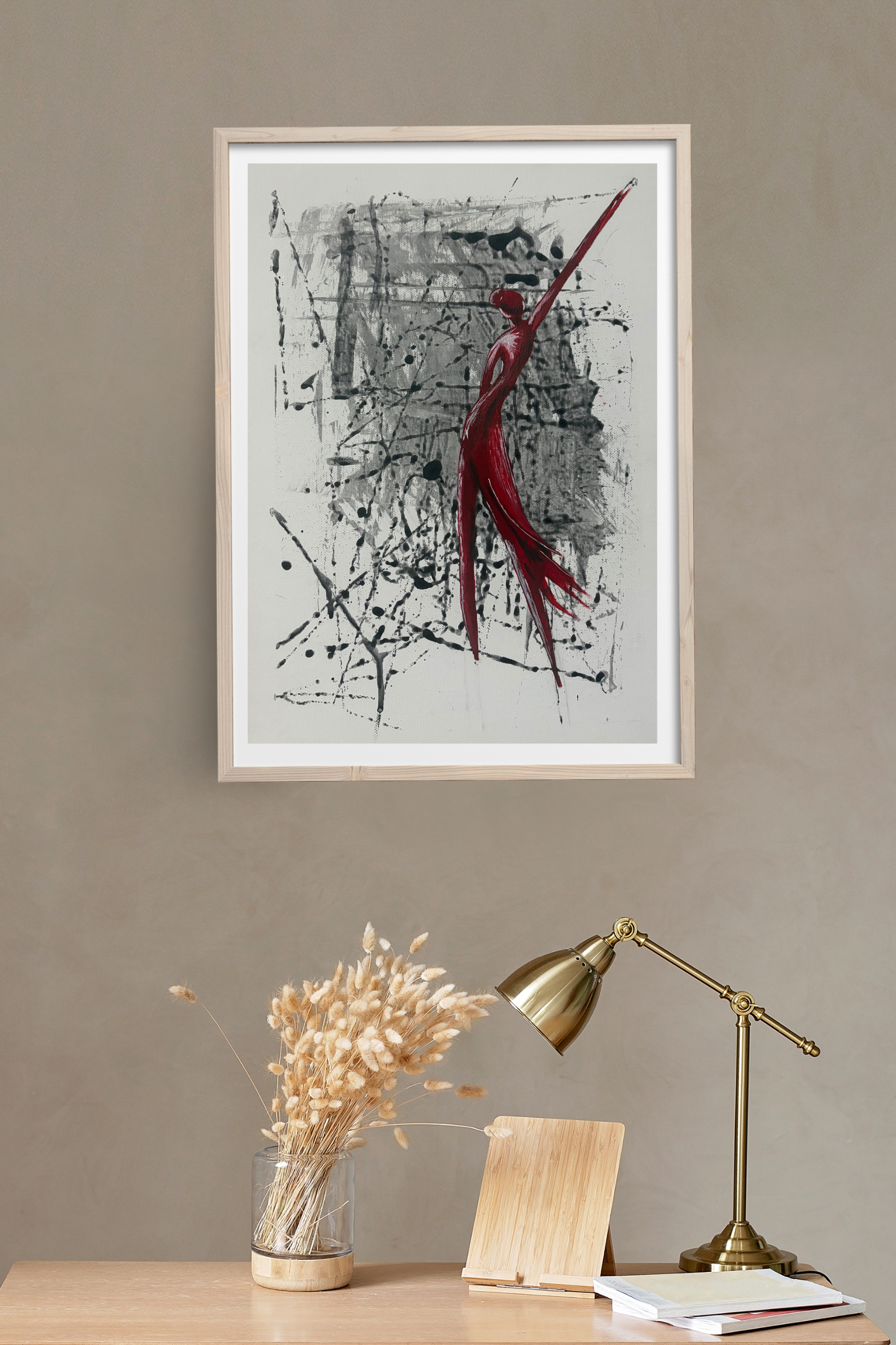 Abstract canvas artwork by Mpho Selemela featuring a red dancing female figure surrounded by expressive black flowing lines.