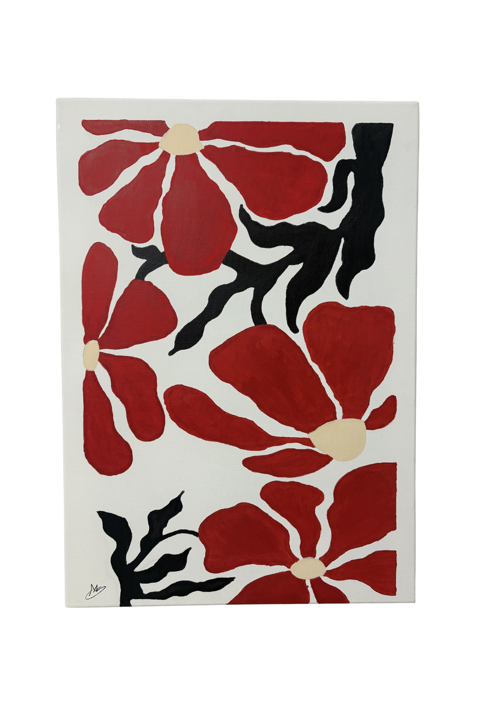 Canvas artwork by Mpho Selemela featuring vibrant red flowers with black stems in an abstract garden.