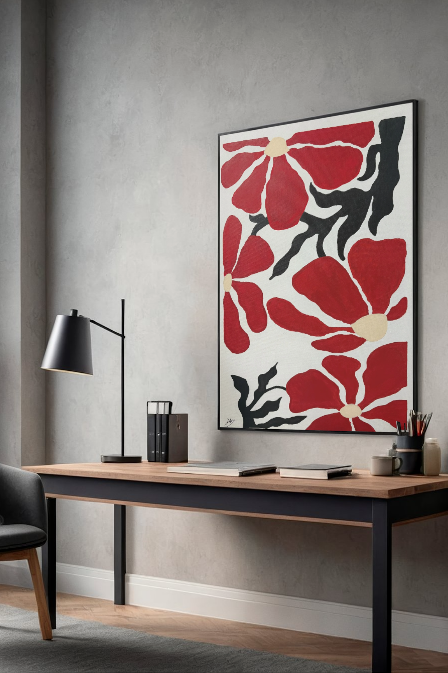 Canvas artwork by Mpho Selemela featuring vibrant red flowers with black stems in an abstract garden.