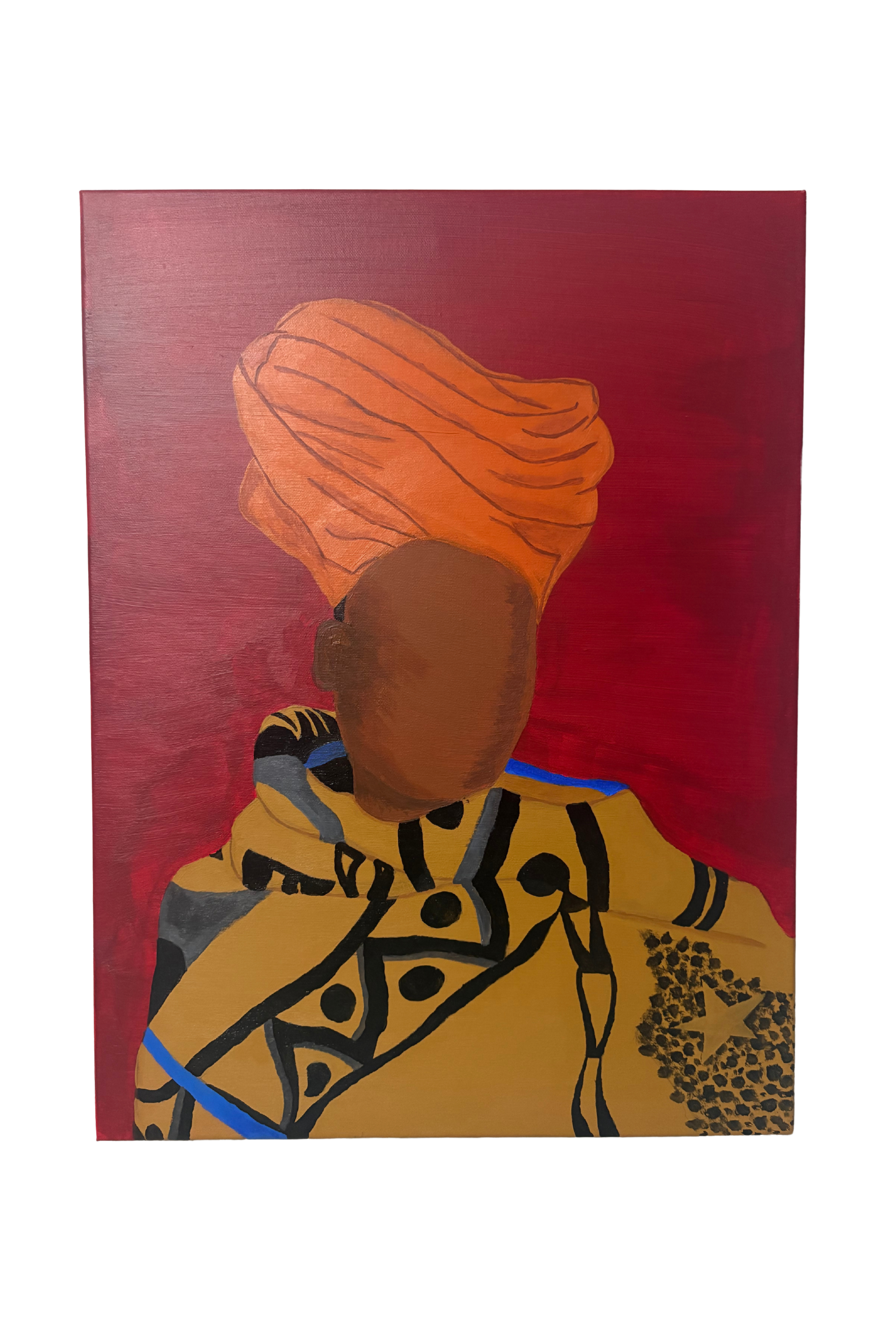 Canvas artwork by Mpho Selemela depicting a Mosotho woman wearing a traditional doek and kharetsa.