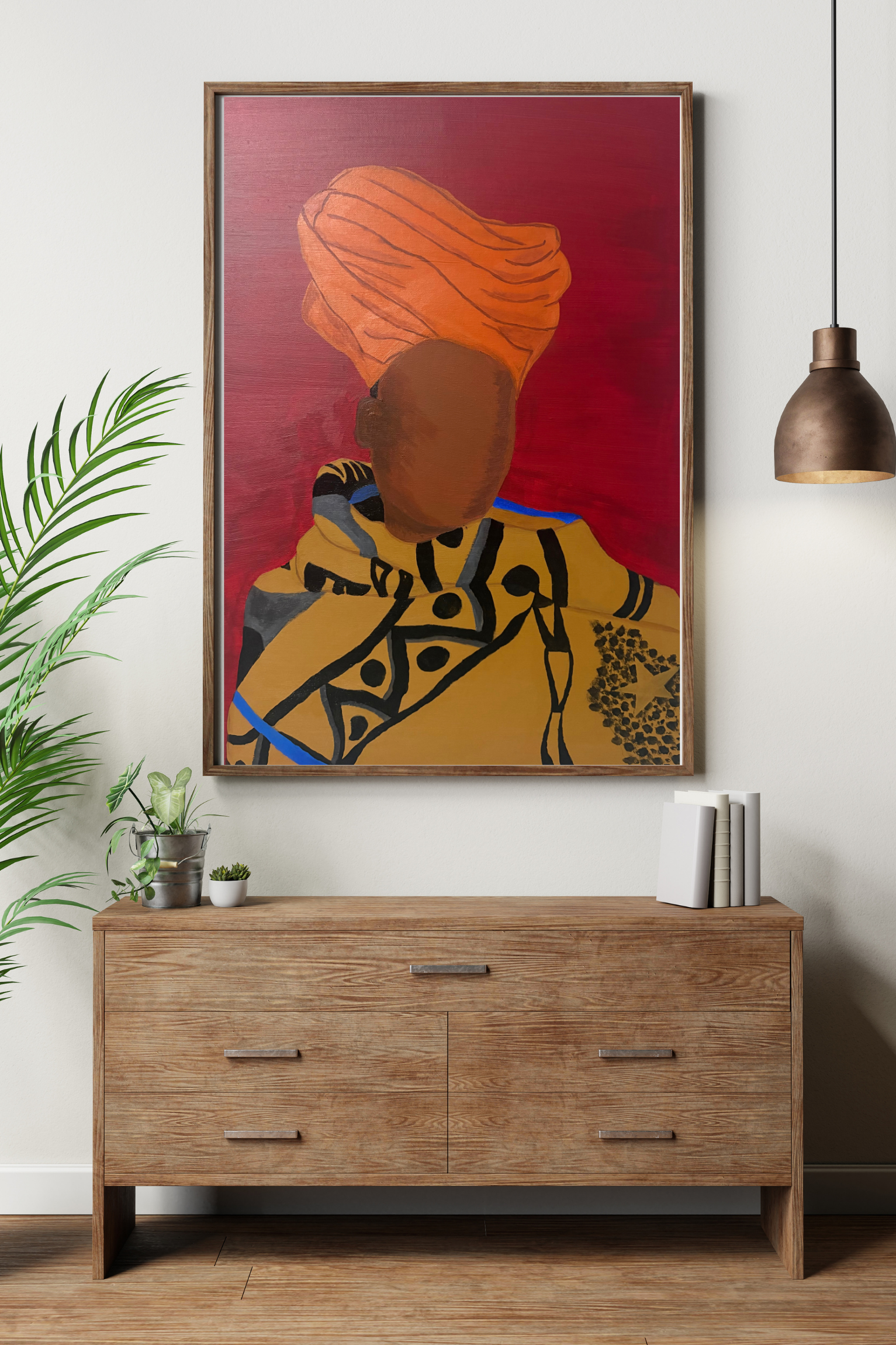 Canvas artwork by Mpho Selemela depicting a Mosotho woman wearing a traditional doek and kharetsa.