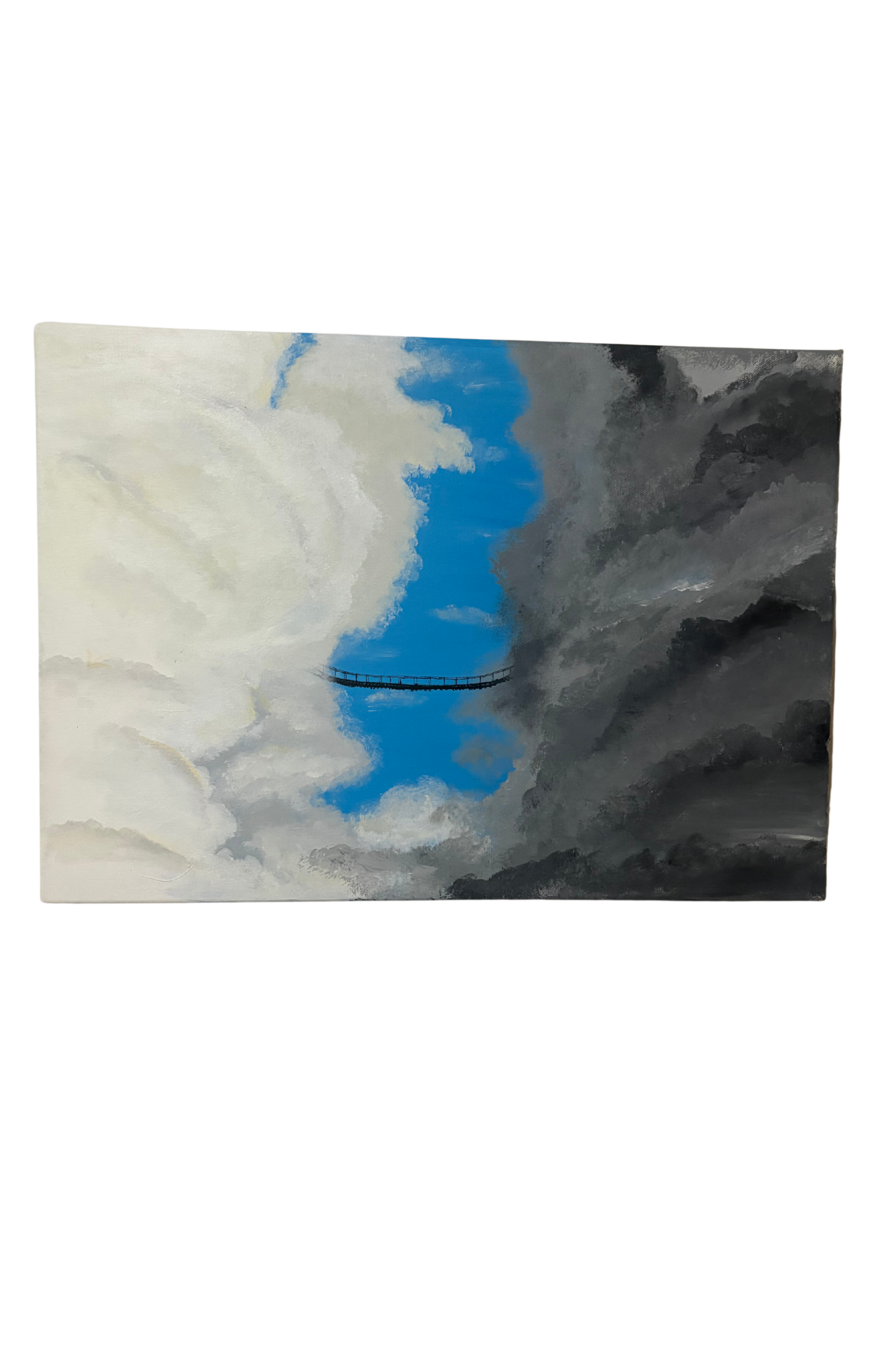 Landscape canvas artwork by Mpho Selemela featuring bright clouds and dark storm clouds connected by a bridge.