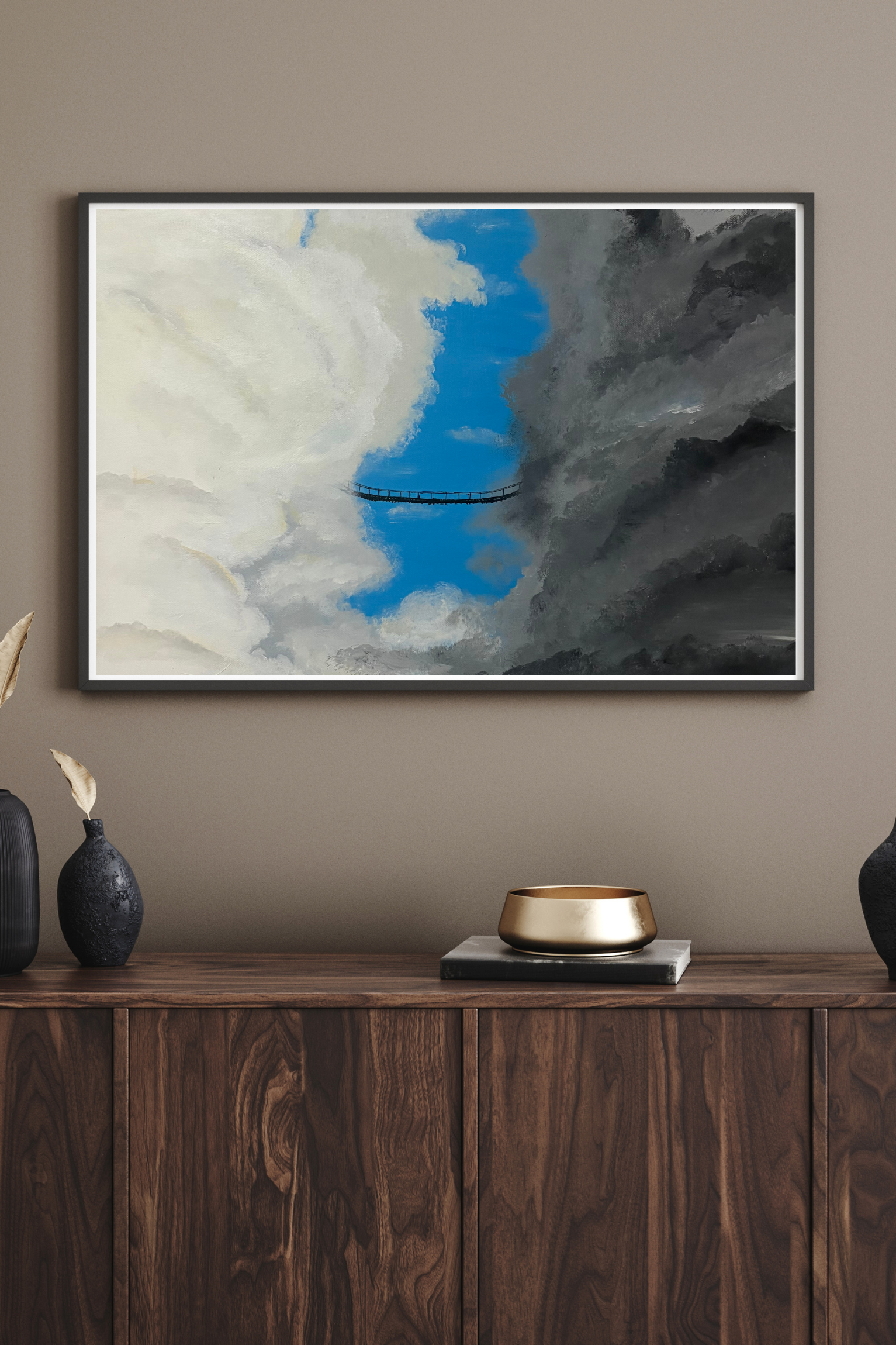 Landscape canvas artwork by Mpho Selemela featuring bright clouds and dark storm clouds connected by a bridge.
