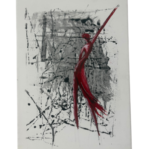 Abstract canvas artwork by Mpho Selemela featuring a red dancing female figure surrounded by expressive black flowing lines.