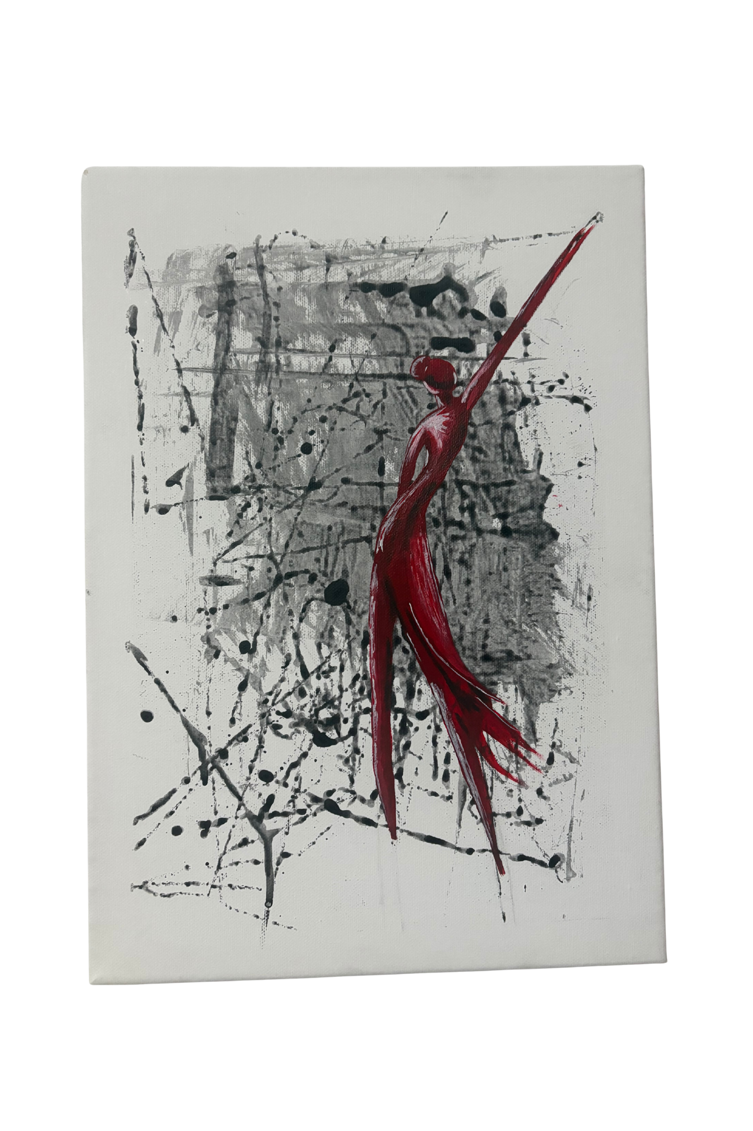 Abstract canvas artwork by Mpho Selemela featuring a red dancing female figure surrounded by expressive black flowing lines.