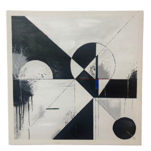 Abstract geometric canvas artwork by Mpho Selemela featuring triangles, circles, straight lines, and paint splatters.
