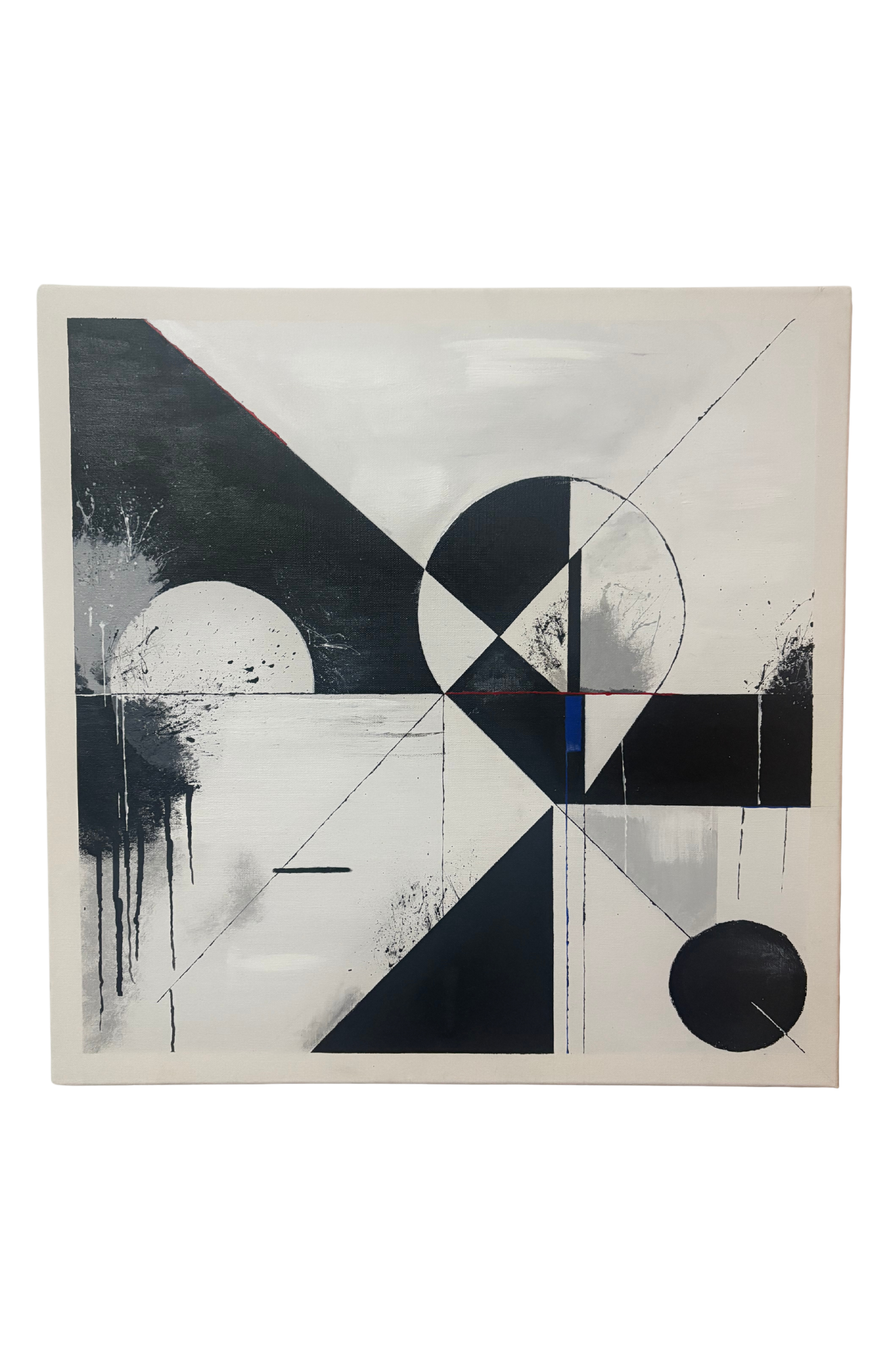 Abstract geometric canvas artwork by Mpho Selemela featuring triangles, circles, straight lines, and paint splatters.