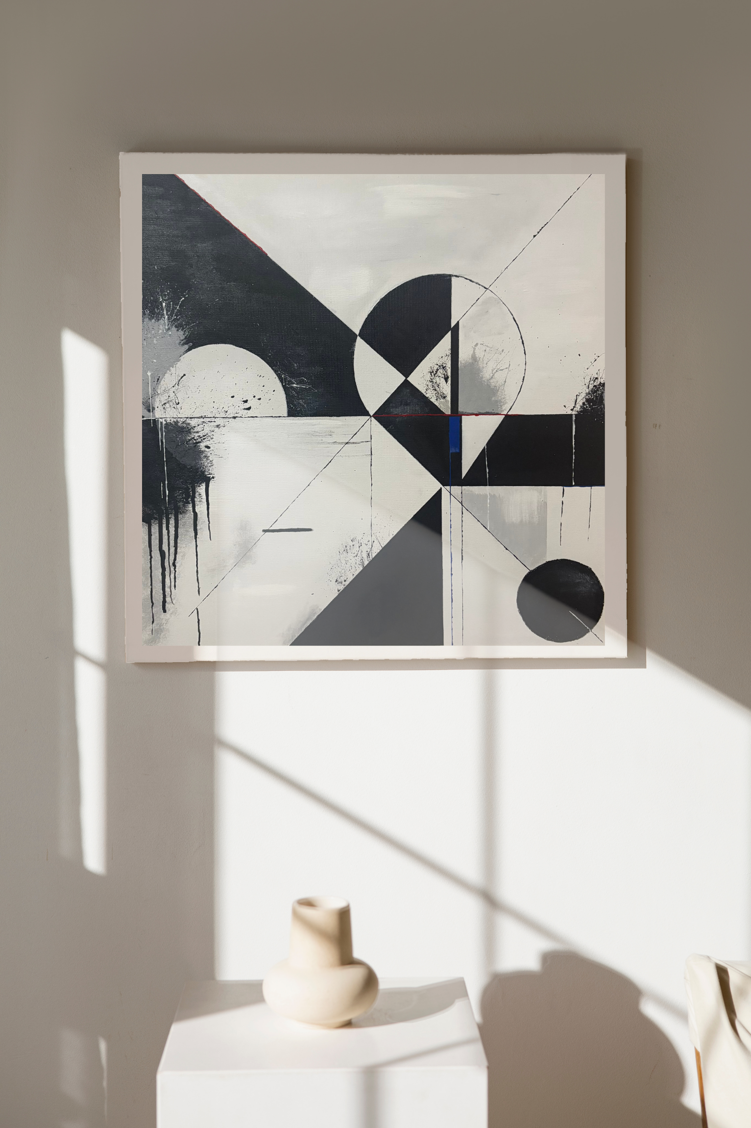 Abstract geometric canvas artwork by Mpho Selemela featuring triangles, circles, straight lines, and paint splatters.