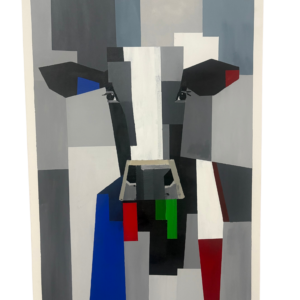 Geometric canvas artwork by Mpho Selemela depicting a cow using bold angular shapes in shades of grey, black, and white with accents of blue, red, and green.