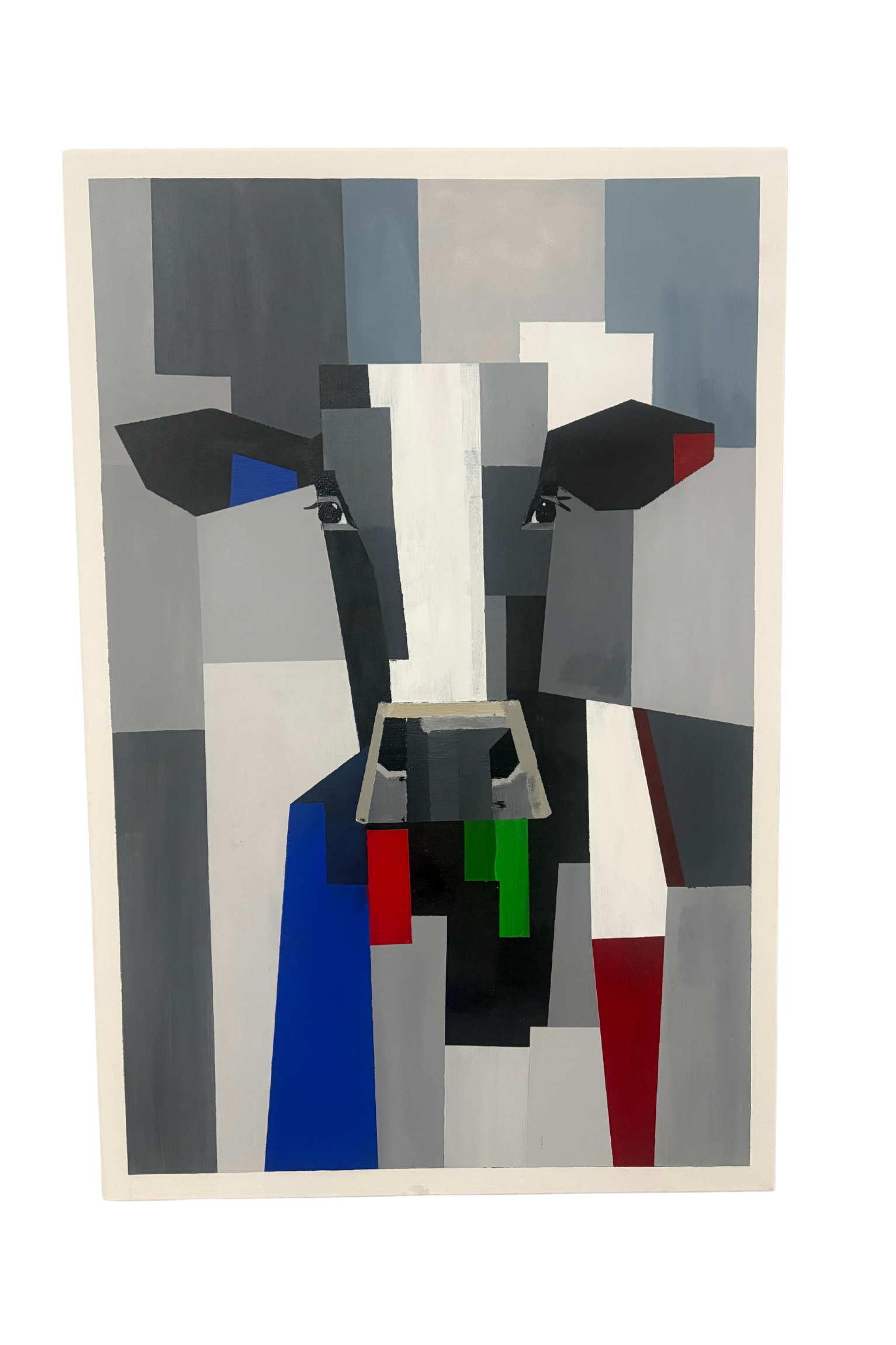Geometric canvas artwork by Mpho Selemela depicting a cow using bold angular shapes in shades of grey, black, and white with accents of blue, red, and green.