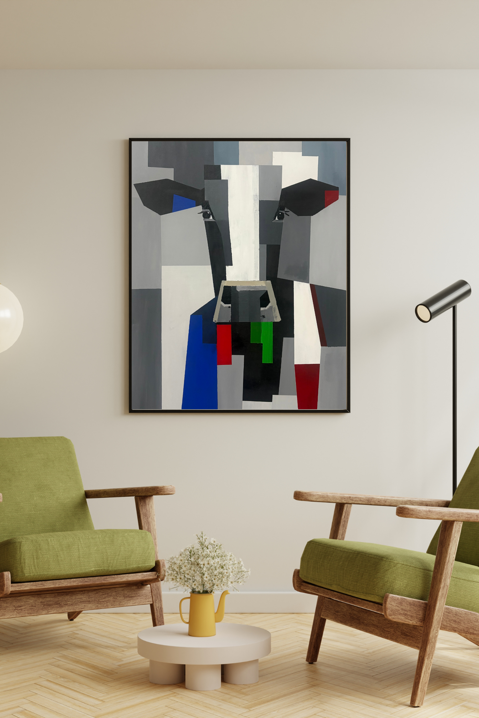 Geometric canvas artwork by Mpho Selemela depicting a cow using bold angular shapes in shades of grey, black, and white with accents of blue, red, and green.