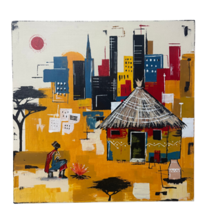Contemporary canvas artwork by Mpho Selemela depicting a young villager sitting beside a fire and hut, gazing toward a city skyline that replaces the night sky in bold yellow, red, and turquoise.