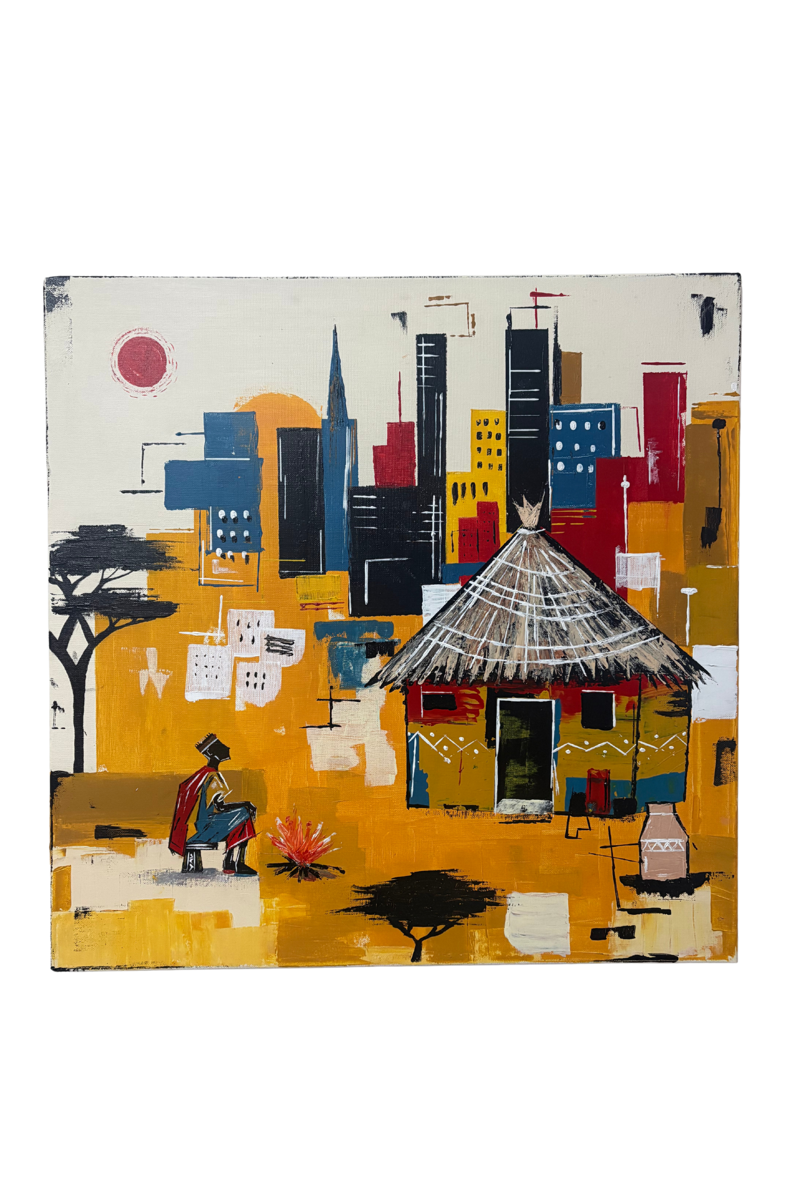 Contemporary canvas artwork by Mpho Selemela depicting a young villager sitting beside a fire and hut, gazing toward a city skyline that replaces the night sky in bold yellow, red, and turquoise.