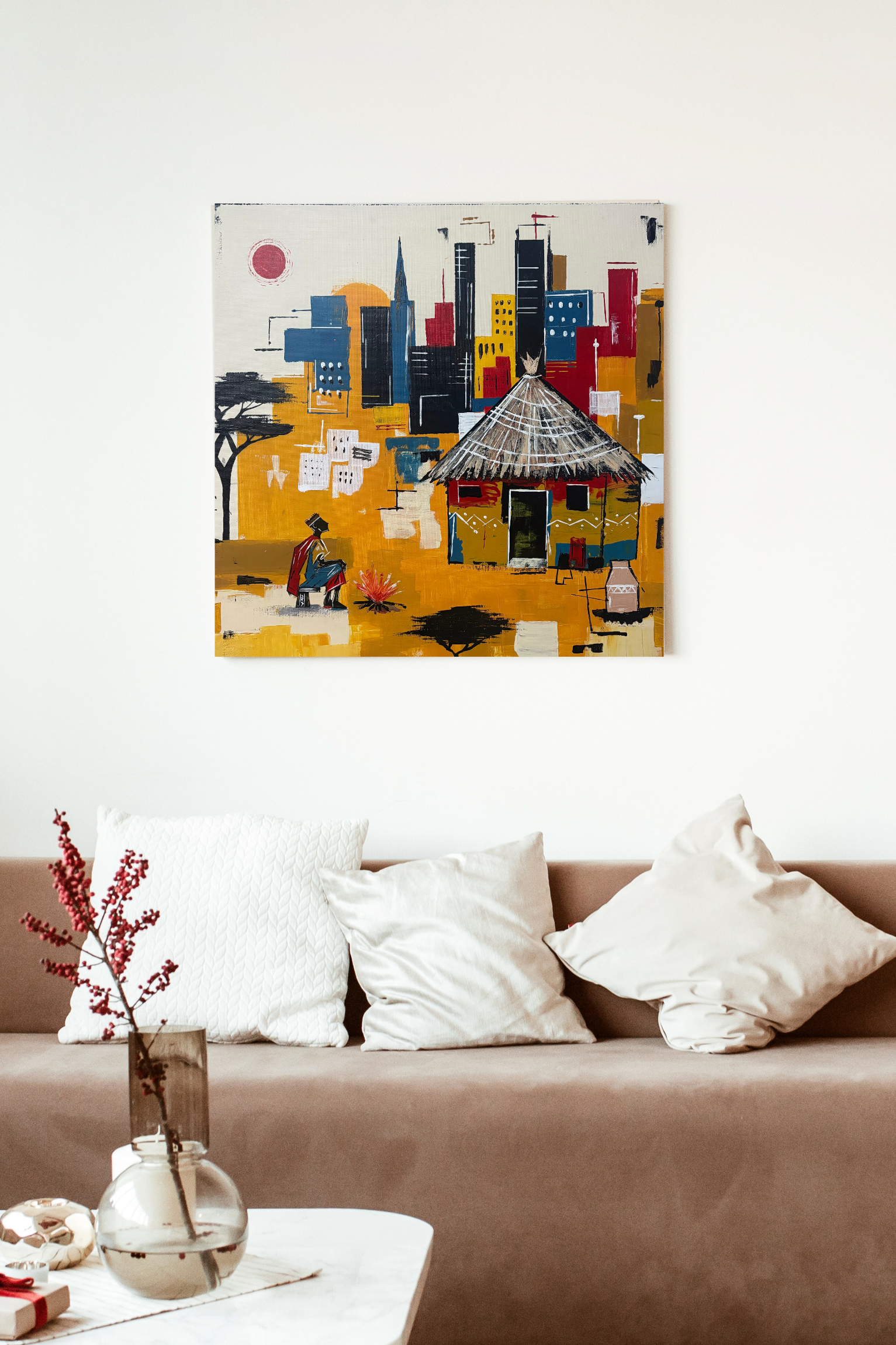 Contemporary canvas artwork by Mpho Selemela depicting a young villager sitting beside a fire and hut, gazing toward a city skyline that replaces the night sky in bold yellow, red, and turquoise.